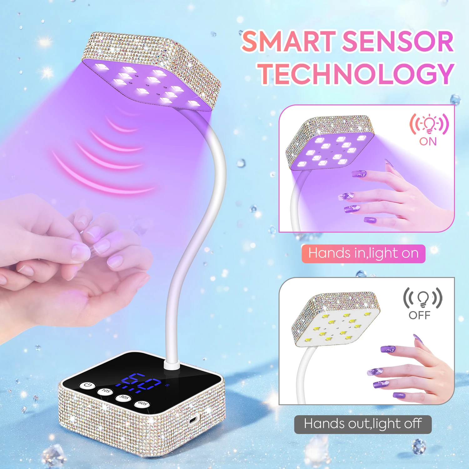 Cordless 360 °   Lampada per unghie UV/LED regolabile – Sensore intelligente, 4 modalità timer e 2 lampade per unghie ad asciugatura rapida, asciugatura rapida delle unghie a polimerizzazione