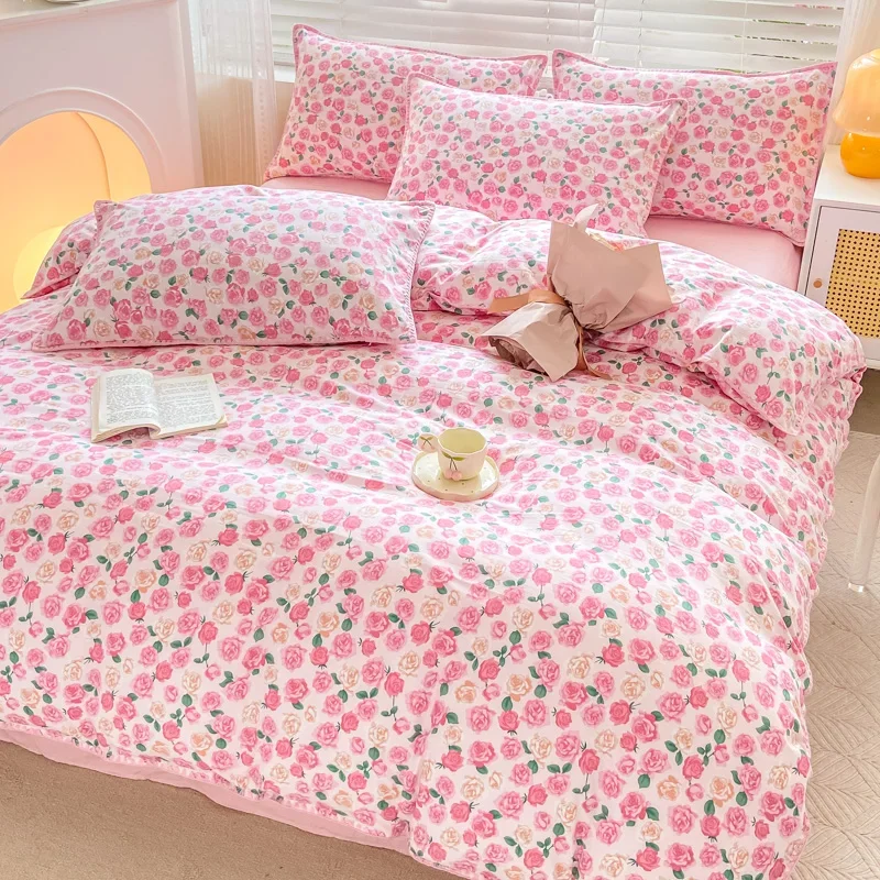 Romantic Rose Floral Duvet Cover 4 Piece Lovely Spring Garden Pink Flower Bedding Set Vintage Shabby Reversible Comforter Cover