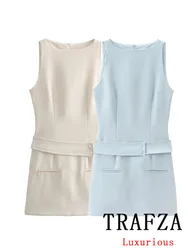 TRAFZA Vintage Casual Chic Women Dress Solid O-Neck Sleeveless Sashes Zipper Slim Dress Fashion 2024 Summer Holiday Sheath Dress