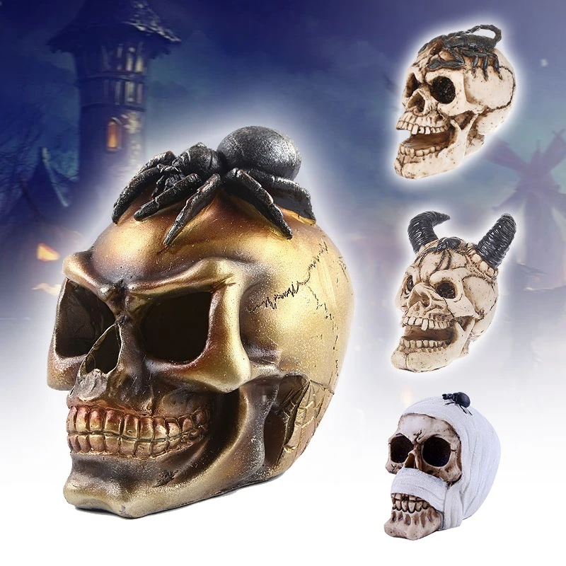 

Halloween Ornament Horrible Skull Head Decoration Haunted House Props Decor Handmade Resin Artwork Human Skeleton Figurine