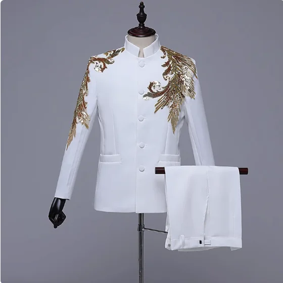 

Men's Embroidered Stand Collar Zhongshan Suit Performance Dress Set