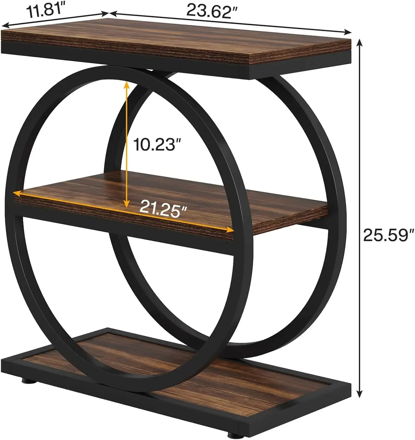 Narrow End Table with 3 Storage Shelves,Wood Side Table with Black Metal Frames,Industrial Small Sofa Side Table for Living Room