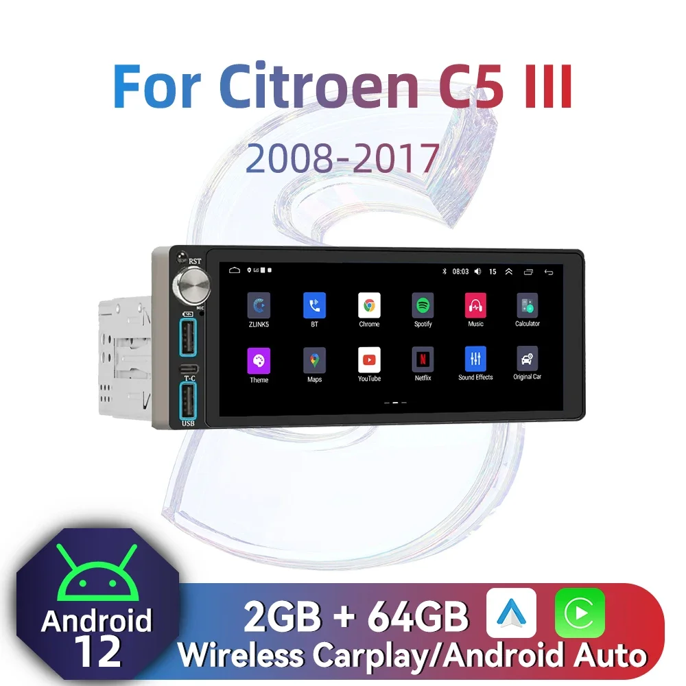 

Авторадио Carplay, 1-диночное радио, Android, автомобильное мультимедиа для Citroen C5 III 2008-2017, 6,86 дюйма, стерео головное устройство, GPS-навигация