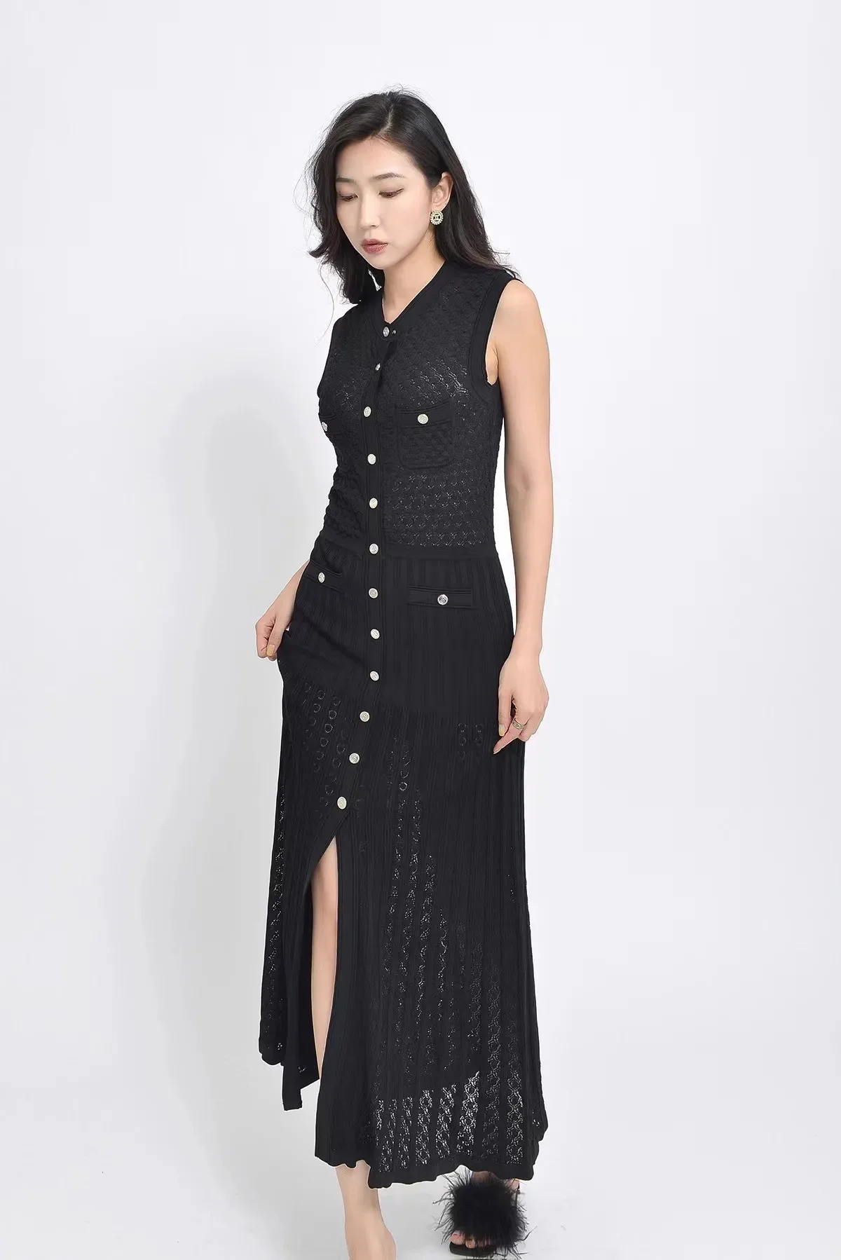 

Black Hollow Out Dress Women 2025 New Fashion Sleeveless Knitted Slim Evening Party Maxi Dress