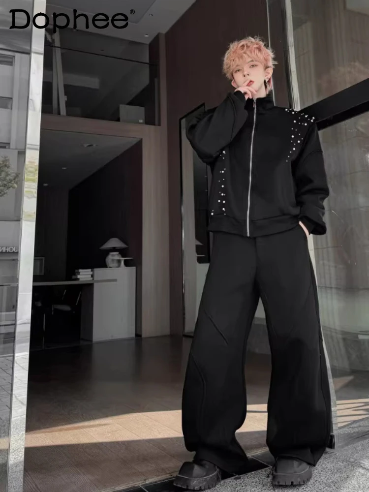 

Мужские толстовки на молнии, новинка весны 2026, 2 шт., ручная работа, расшитые бисером, воротник-стойка, уличные широкие изогнутые брюки, стильные спортивные комплекты