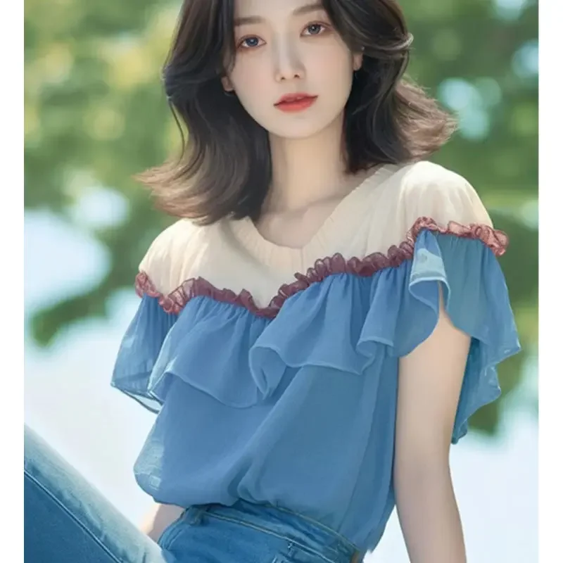 

Fashion V-Neck Spliced Sweet Ruffles Blouses Female Clothing 2025 Summer New Loose Korean Pullovers Tops All-match Shirts