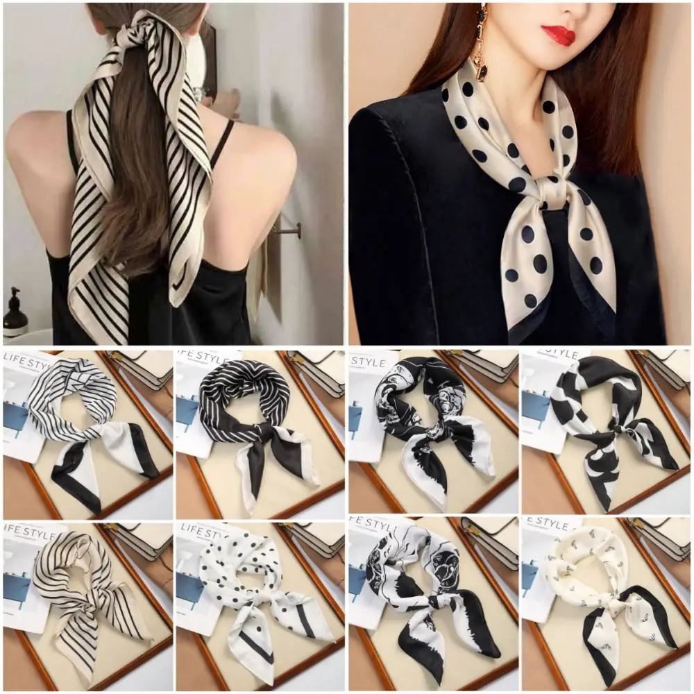 

Trendy Square Silk Scarf Double Sides Black White Hair Scarf Stripes Dots Flower Handbag Wraps Bandana Spring Summer Fall