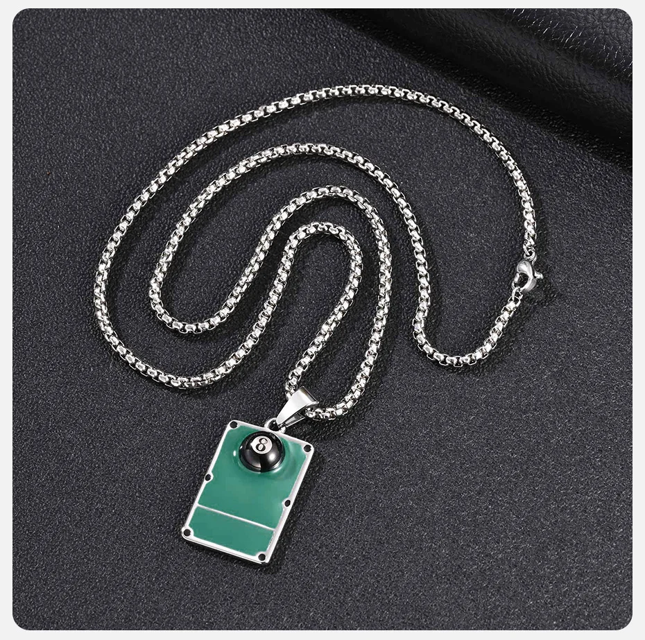 Vnox Edelstahl Billard 8-Ball Anhänger Halskette für Männer, Grüner Billardtisch Quadratischer Anhänger mit Kette Hip-Hop Sport Schmuck Geschenk – Detail 5