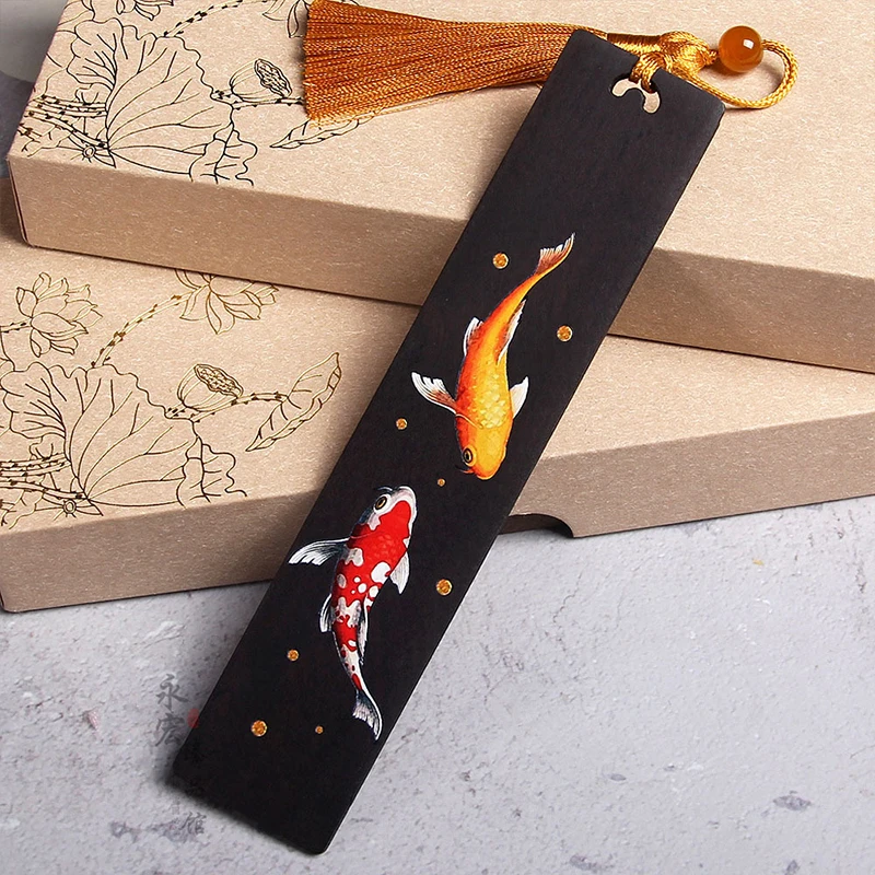 Retro Chinese Style Painted Koi Carp Wooden Bookmark Tassel Pendant Creative Book Mark Students Supplies Stationery Accessories