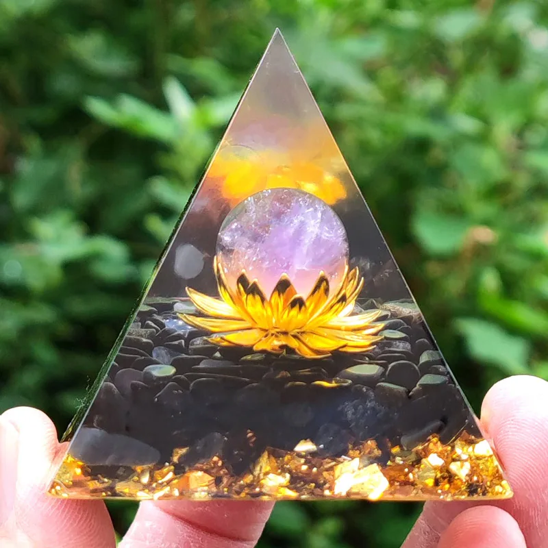 

Flower Of Life Orgone Pyramid Natural Crystal Energy Obsidian + Amethyst Meditation Tool Lucky Gather