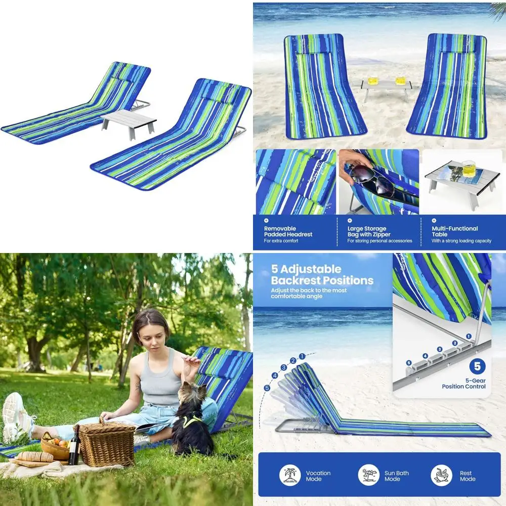 

Adjustable 5-Position Folding Lawn Chairs 2-Pack with Side Table for Sunbathing and Patio Use