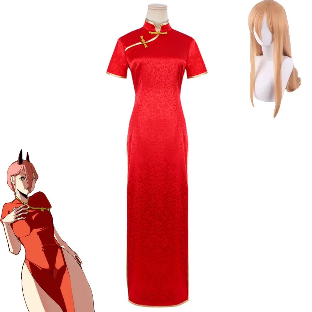 Anime Chainsaw Man Power Cosplay Kostuum Pruik Chinese Stijl Rode Cheongsam Jurk Pruik Vrouw Sexy Traditionele Festival Pak