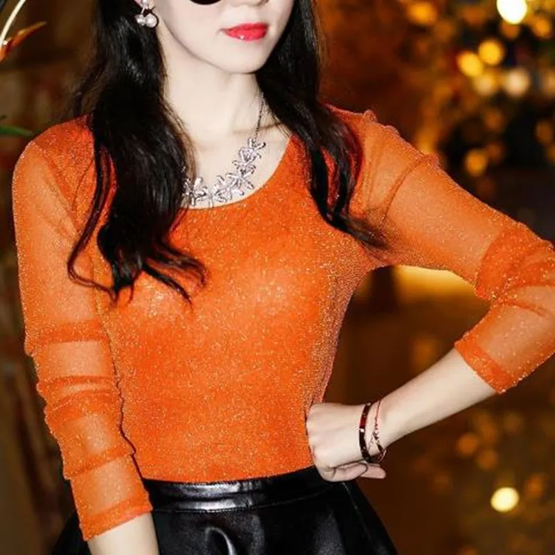 Woman Tshirts Autumn Winter round Neck Lace Shirt Women's Bright Yarn Mesh Long-Sleeved T-shirt Tops Mujer Camisetas