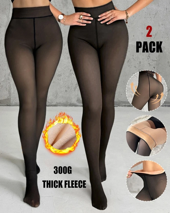 2025 Autumn Winter Women's 2-Piece Thick Fleece Lined Transparent Tight High Waist Elasticity Thermal Pantyhose Warm Leggings