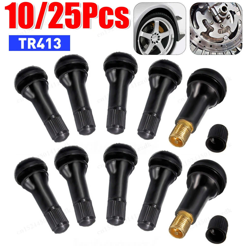 10/25Pcs TR413 Black Rubber Tire Valve Stems Tire Valve Cap Wheel Parts Replacement With Dust Cap For Car Motorcycle Bmw