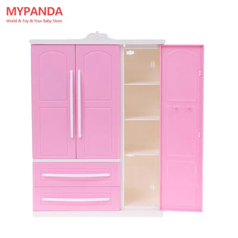 Three-door Pink Modern Wardrobe for Dolls Furniture Clothes Accessories Toys