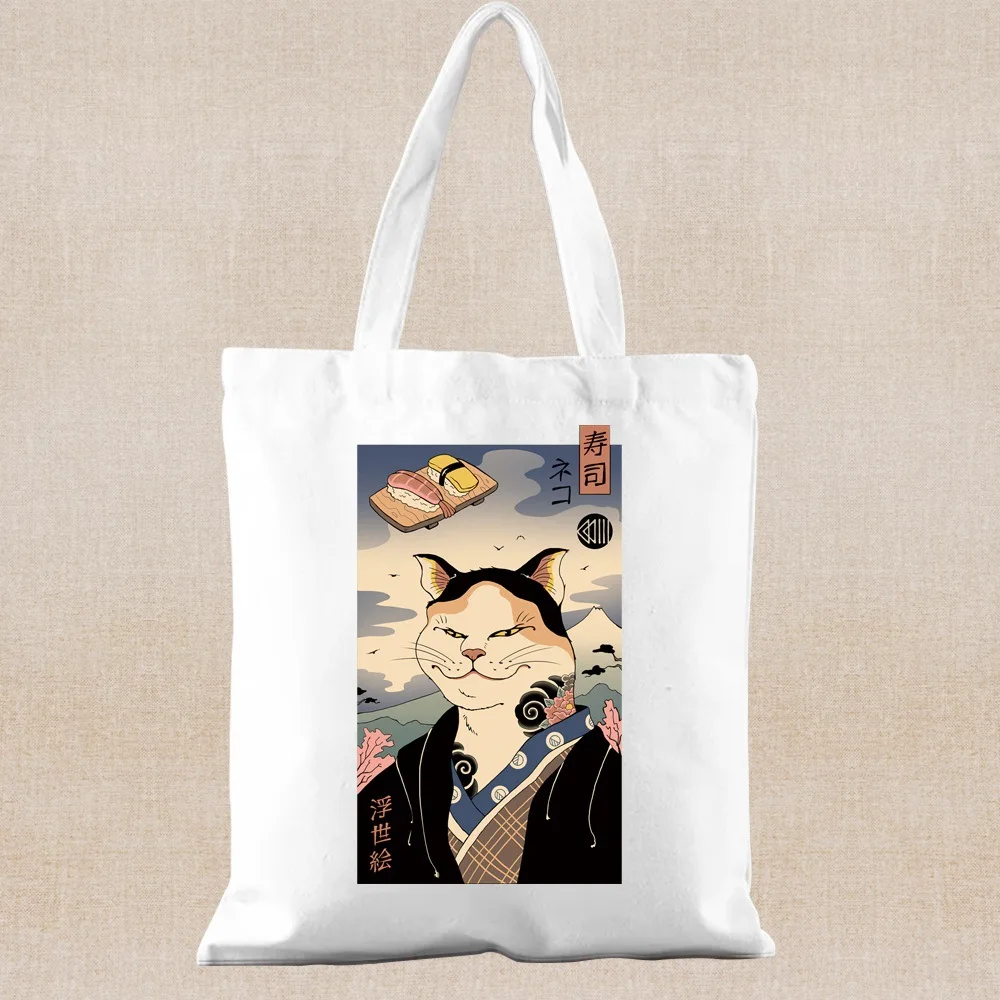 حقيبة يد يابانية كاناغاوا موجة القط مطبوعة حقيبة قماش قنب حقيبة كتف نسائية حقيبة يد للتسوق المحمولة