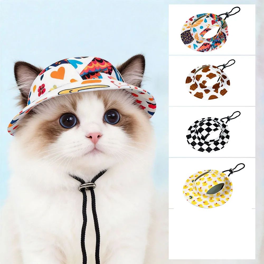 Chapéu de sol para cães e gatos com furos para as orelhas, chapéu de pescador fofo para proteção UV, respirável, para gatos e cães.