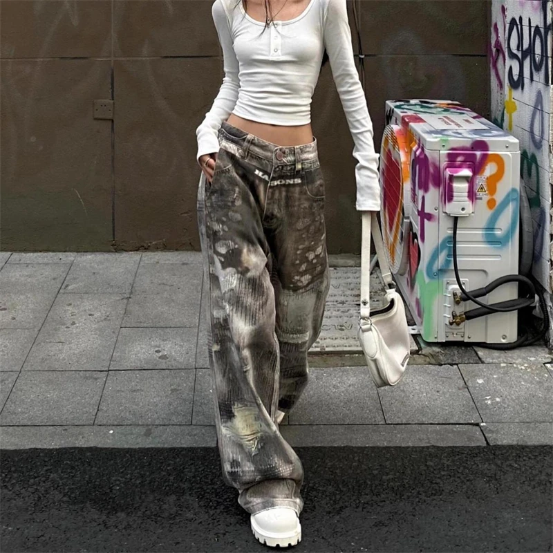 Women'sPrinted Dirty Dye Design Casual Pants Fashion Street Cool Girl Wide Legs Bottoms Female High Waist Straight Trousers