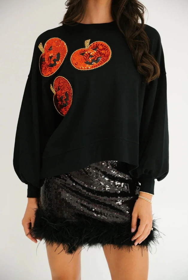 

Women's Casual Style Pullover 2025 Autumn Winter Latest 3D Effect Halloween Pumpkin Glitter Round Neck Sweatshirt Loose Top