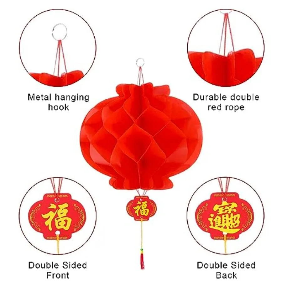16 قطعة فوانيس زينة السنة الصينية الجديدة 10 بوصة فانوس ورقي أحمر معلق للاحتفال مهرجان الربيع الصيني ديكورا #3