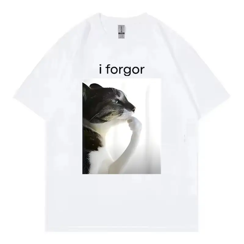 I Forgor Forgetful Cat Meme T-shirt, Cute Cartoon Graphic Crew Neck Tee, Niche Casual Short Sleeve Unisex Top