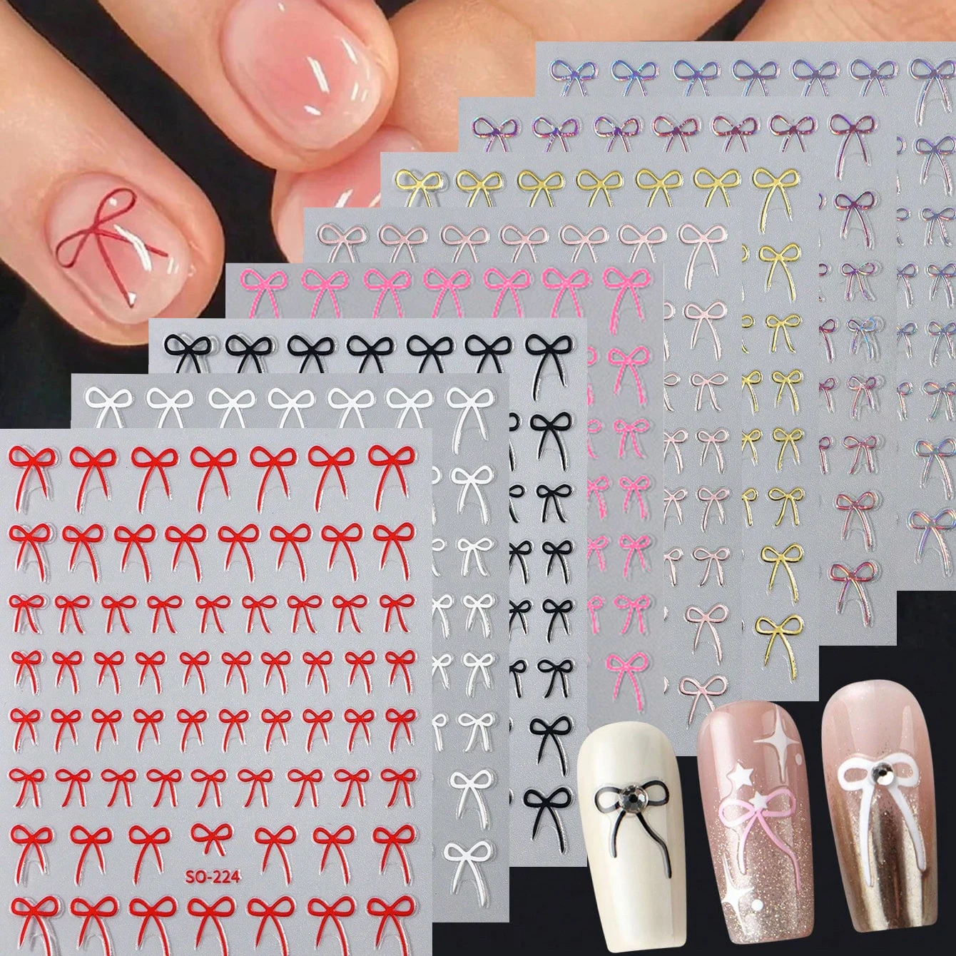 8-color red Valentine's Day nail stickers with pink bows, 3D nail art, laser shine/black and white bow sliders, DIY for weddings