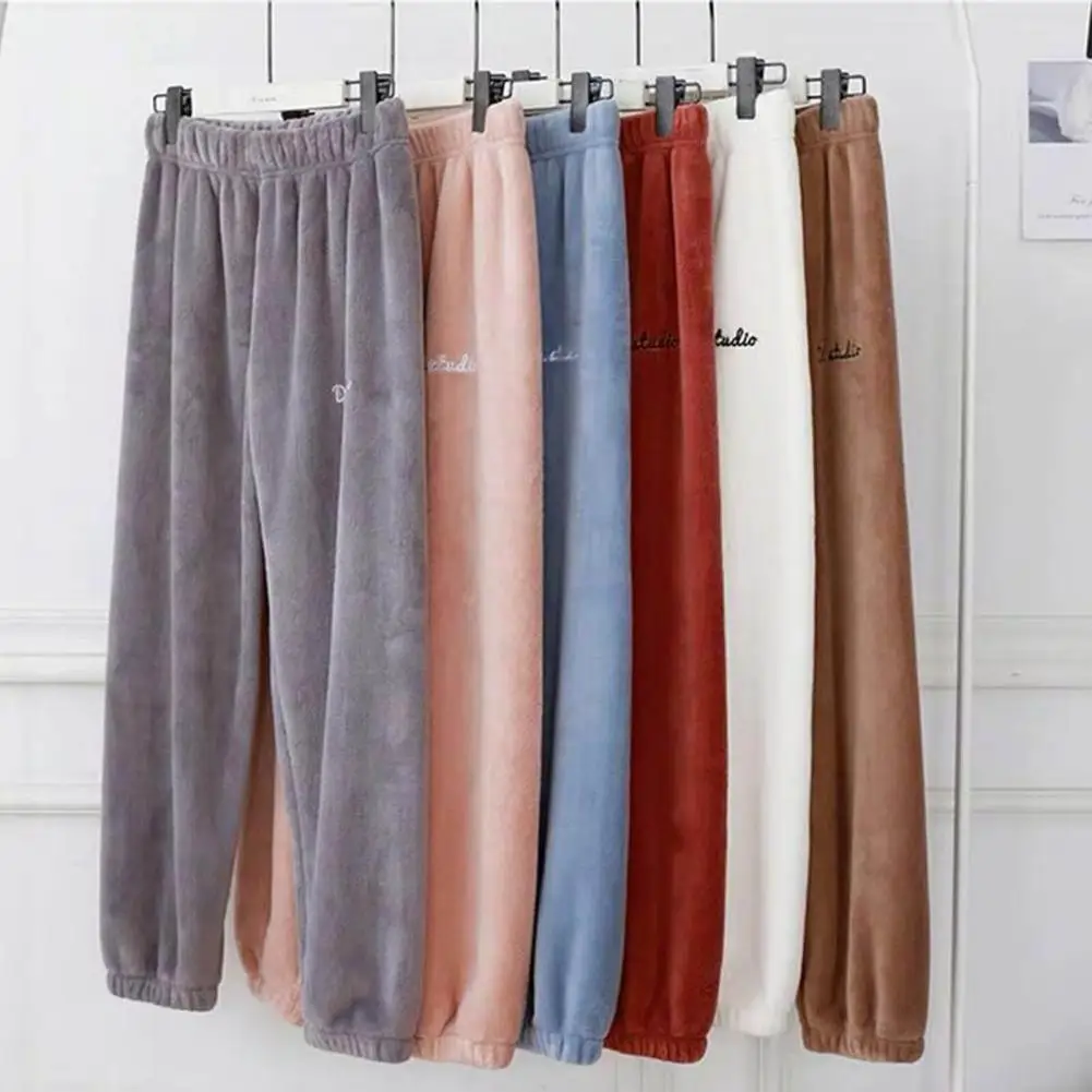 Long Winter Trousers Soft Warm Women Home Pants Warm Cozy Women\'s Winter Pants Thick Coral Fleece Loose Fit Elastic for Homewear