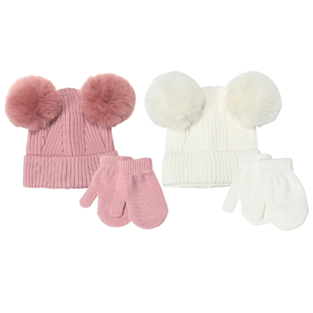 2 pezzi cappelli in cotone caldo per bambini con Pom bambini in tinta unita berretto in maglia guanti per bambini berretto per ragazzi e ragazze