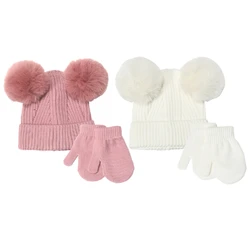 2 pezzi cappelli in cotone caldo per bambini con Pom bambini in tinta unita berretto in maglia guanti per bambini berretto per ragazzi e ragazze accessori per guanti invernali