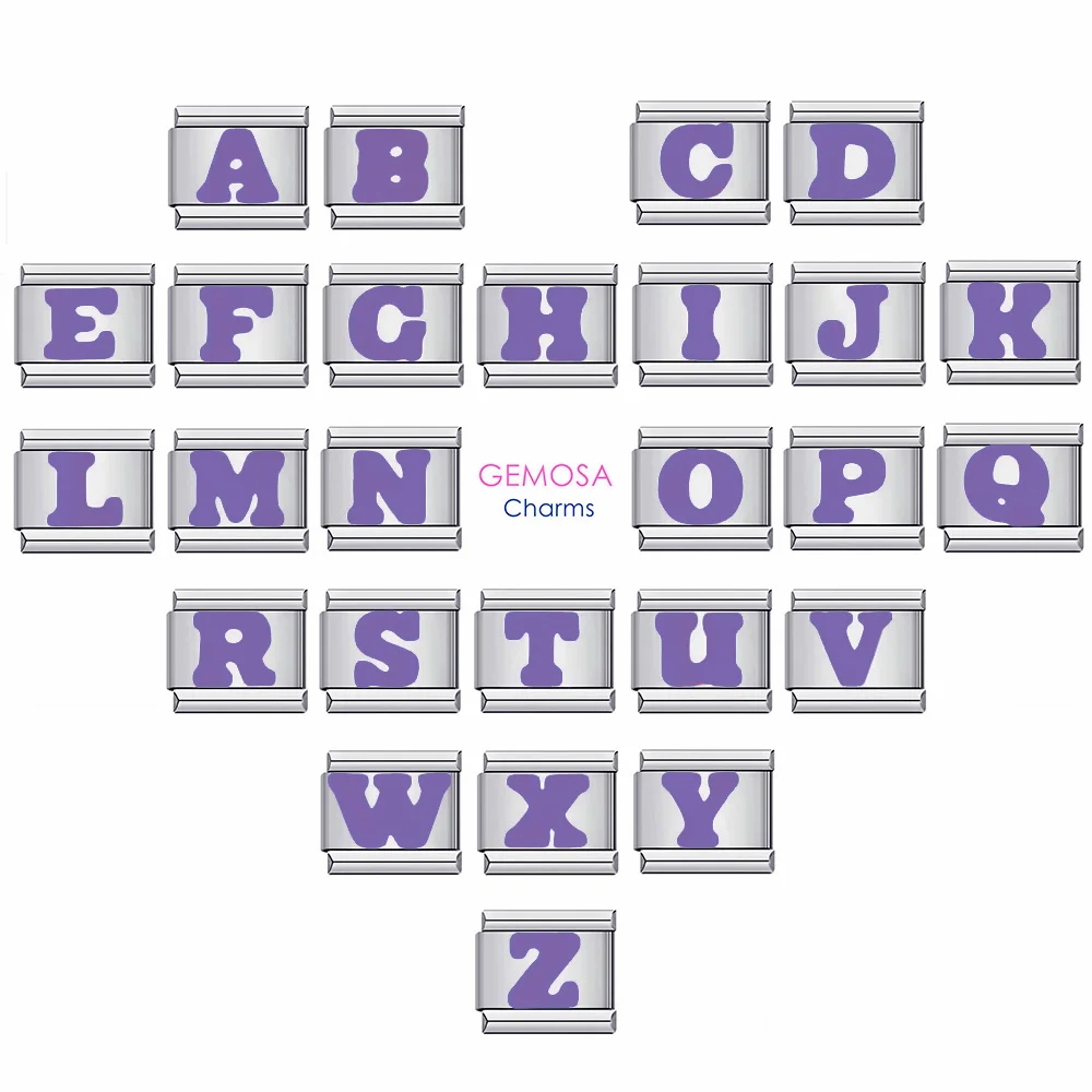 GEMOSA Fashion Purple 26 lettere inglesi A-Z maglie italiane Charm Fit 9mm bracciale donna uomo in acciaio inossidabile gioielli fai da te