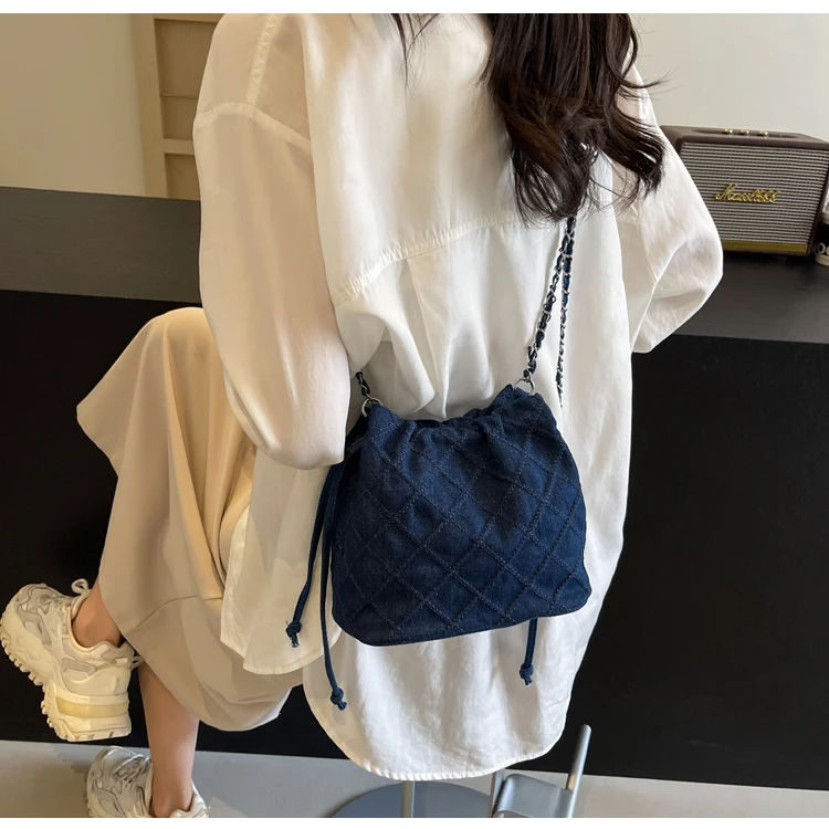 Denim Bucket Shoudler Crossbody Bag for Women Casual Tote Handbag and Purses 2024 New Trendy Clutches Lady‘s Messenger Bag