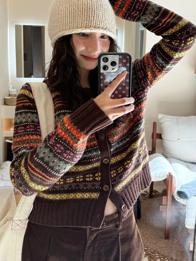 Retro Fair Isle Knitted Cardigan Women's Autumn Winter Slim Fit Color Block Sweater Jacket Base Shirt Korean Style round Neck