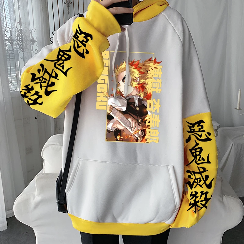 Harajuku Anime Demon Slayer Kyoujurou Rengoku Printed Hoodiess Men Women Patchwork Harajuku Sweatshirt Casual Flece Streetwear