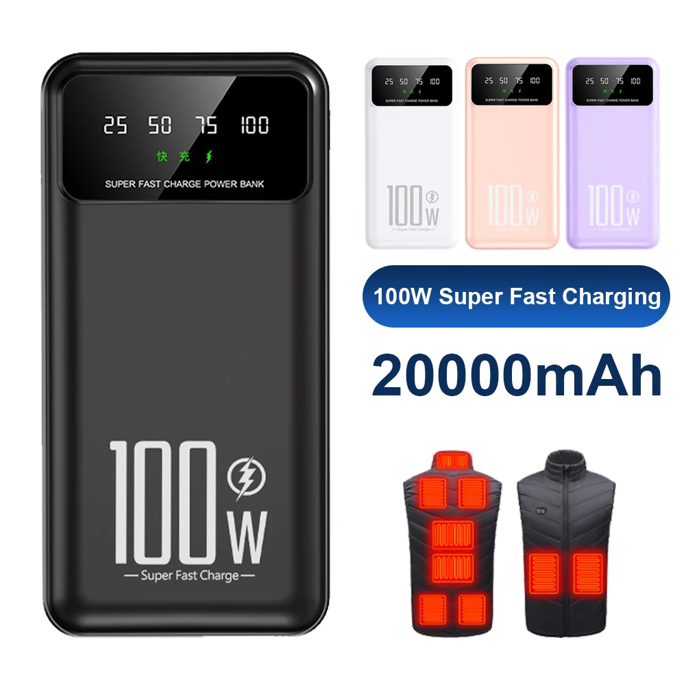 10000/20000mAh Power Bank 100W PD 20W Type-C Fast Charger with  LED Light for Heating Vest Jacket Socks