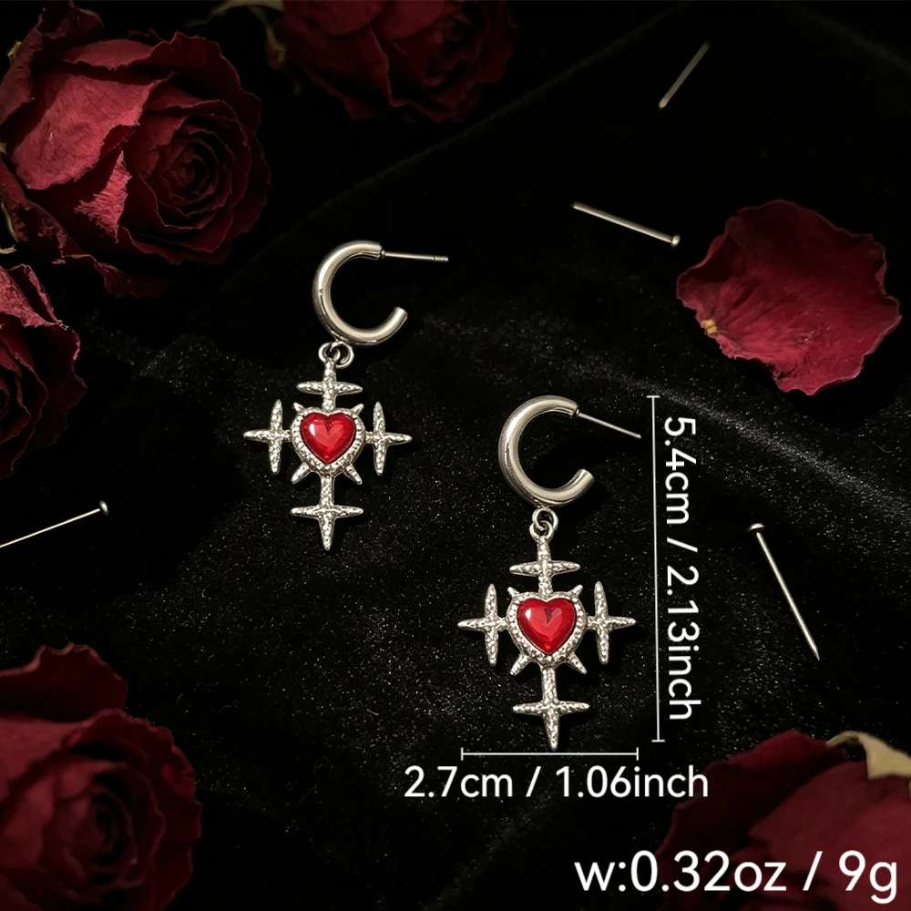 Vintage Distressed Silver Thorn Cross Red Heart Diamond-Studded Hoop Earrings, Dark Gothic Punk Style Unisex Dangle Earrings