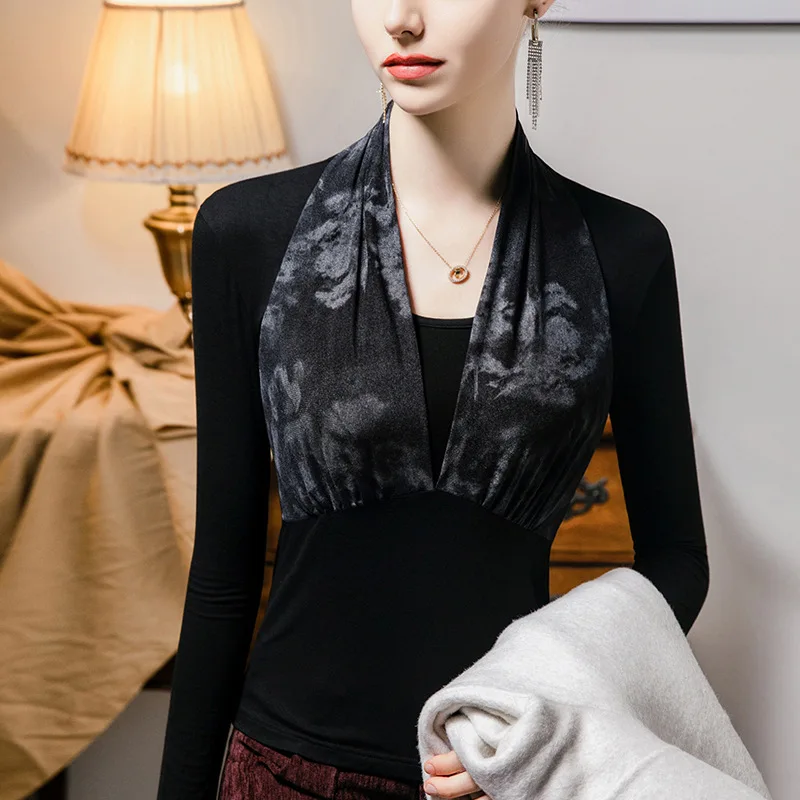 #4282 Black False Two Piece T Shirt Women V-neck Sexy Split Joint Streetwear Short Tshirt Female Long Sleeve Tight Office Tee