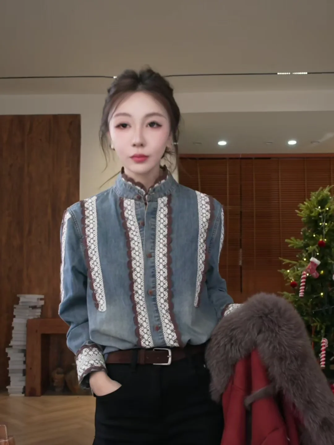 

Embroidered Slim Fit Denim irt Women's Premium Cotton Long Sve Slimming irt Faionable Autumn Winter irt