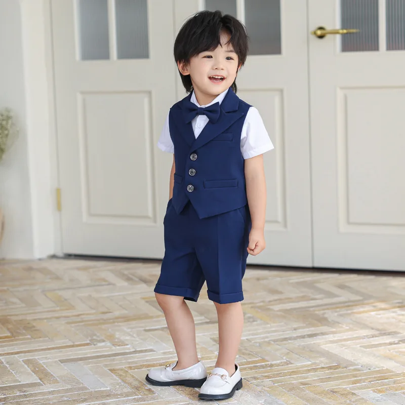 Children Boy Summer Blue Vest Shirt Shorts Suit Kids Boys Birthday Party Outfit Gemtleman Formal Wedding Suit 1-10Y Kid Boy Suit