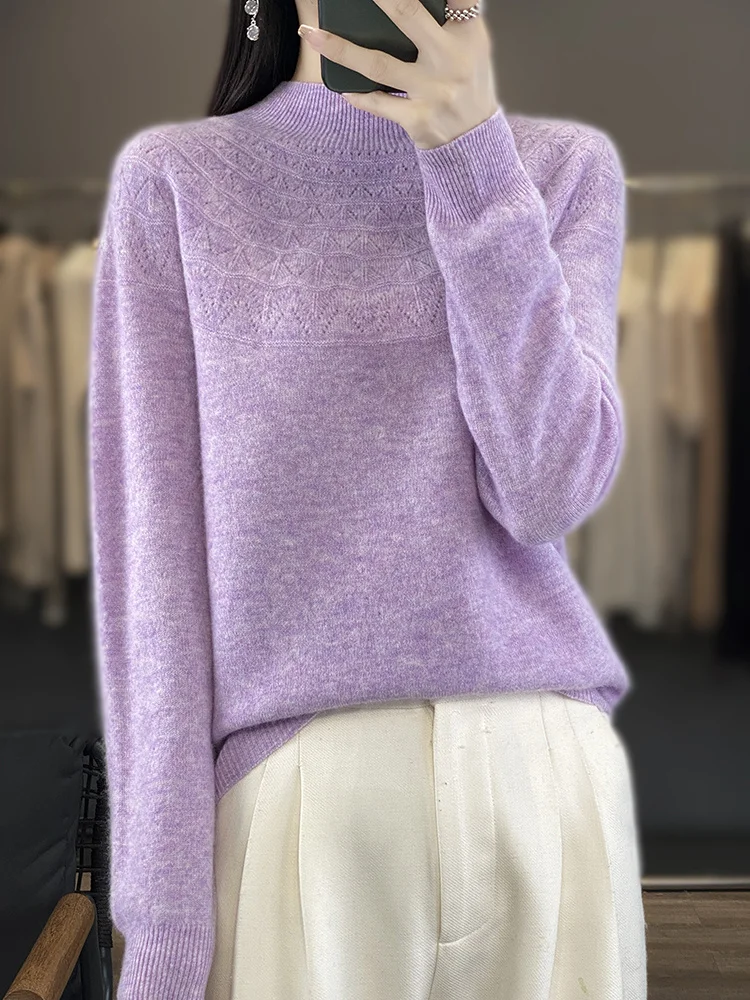 Women Cashmere Sweater 100% Merino Wool Knitted Pullover  Autumn Winter  Mock Neck Hollow  Solid Color Knitwear Soft Casual Top