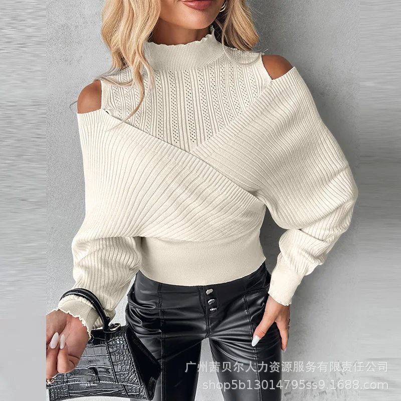 Women's Clothing New Off Shoulder Hollow Out Knitted Woolen Top Long Sleeve Sweater