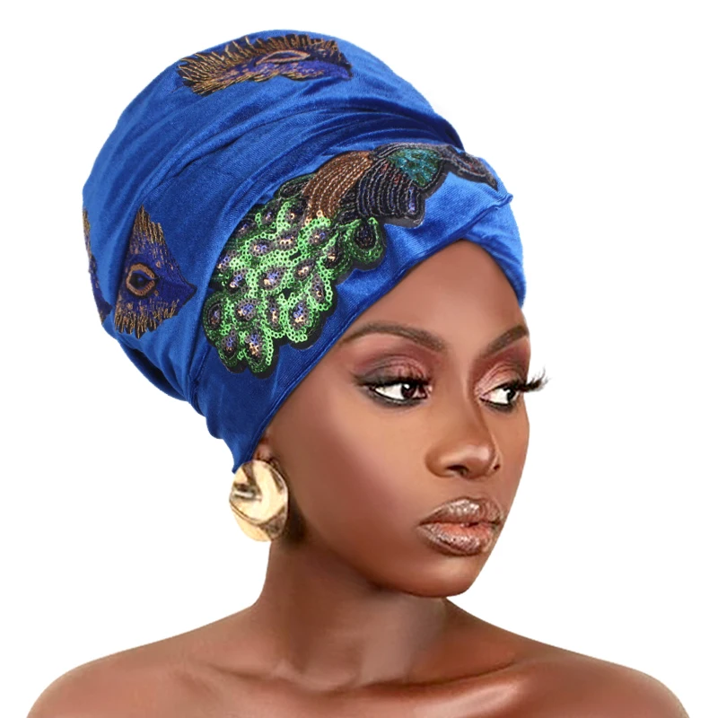 New Sequins peacock Velvet Turban Scarf Cap Autumn Winter Female Head Wraps Caps Muslim Headscarf Bonnet Islamic Head Scarves