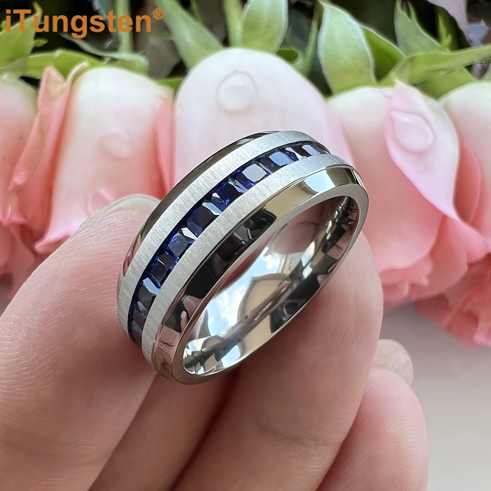 ITungsten 8mm Titanium Satin Ring for Men Women Blue Princess Cubic Zirconia CZ Inlay Fashion Eternity Engagement Wedding Band