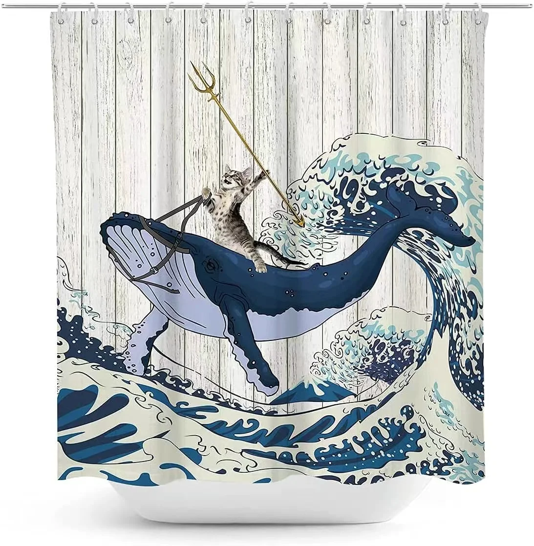 

Funny Cat Shower Curtain Set Cat Riding Shark Theme Ocean Shower Curtains Fun Nautical Kids Bathroom Decor Set Polyester Fabric