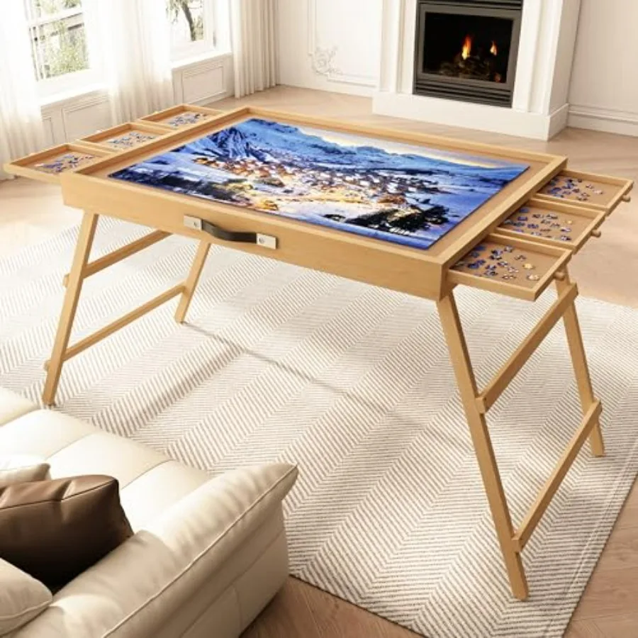 

Portable puzzle table for adults: 24.8 H tall table with 6 drawers, 30 x 22 board, folding legs protective cover, wood composit