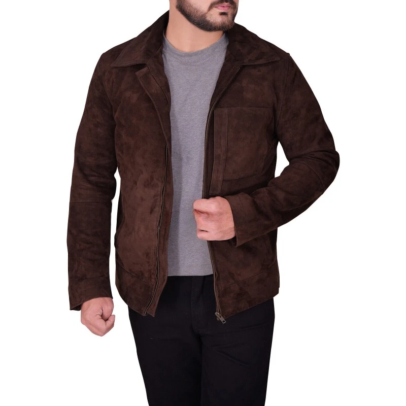 

Classic Men's Genuine Suede Pure Leather Jacket Biker Brown Collar Out Wear Coat