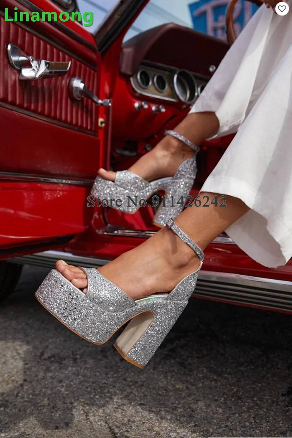 Silver Blingbling Square Heel Platform Sandals For Female Women Round Toe Ankle Buckle Strap Sexy Elegant Runway Fashion Shoes