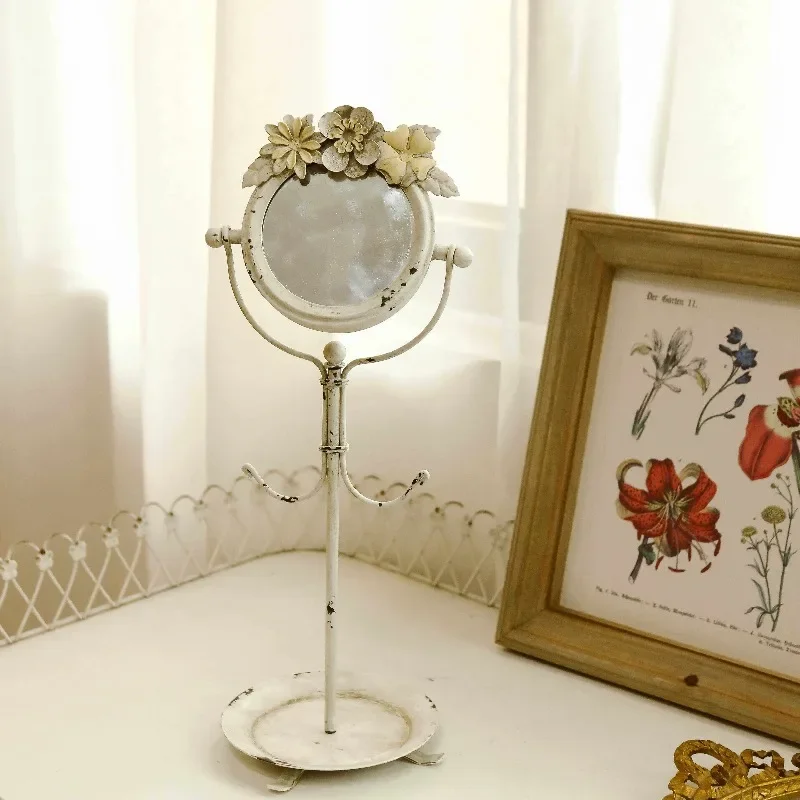 French Floral Decorative Mirror with Hook, Vanity Mirror for Jewelry Storage, Wall Mounted White Tabletop Accessory for Bedroom