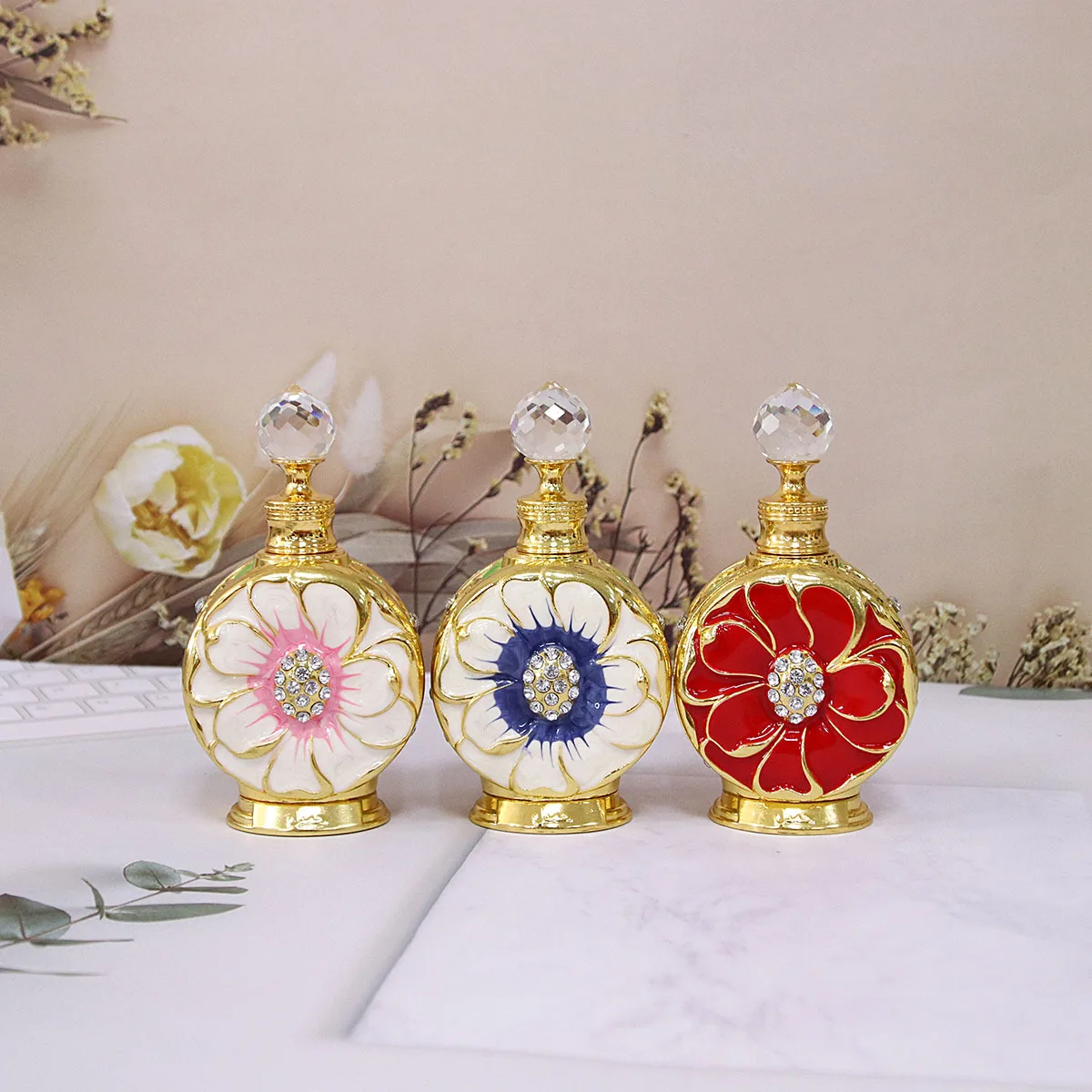 Vintage Floral Rhinestone Inlaid Glass Scent Bottle, Exquisite Painted Empty Perfume Vessel, Refillable Essential Oil Storage Bo