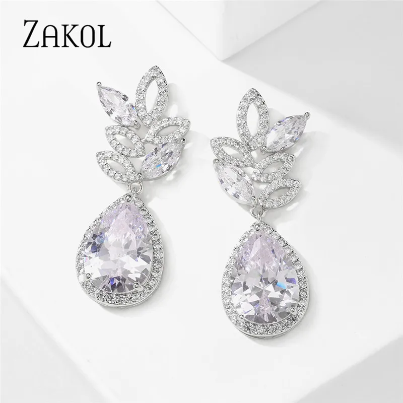 ZAKOL Luxury Water Drop Leaf Cubic Zirconia Bridal Dangle Earrings for Women Temperament Wedding Engagement Jewelry Gift